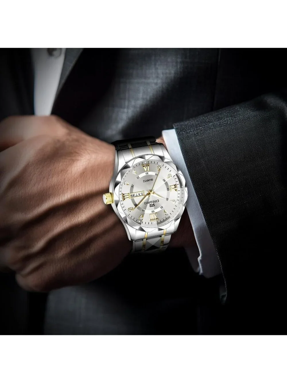 Men Silver Stainless Steel Waterproof Diamond Analog Quartz Luminous Wrist Watch